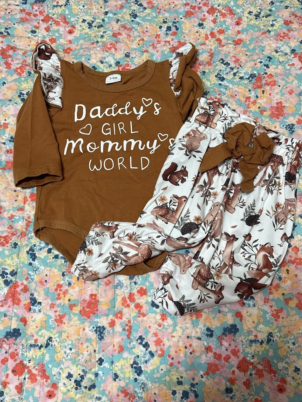 Rust Brown Baby Girl Bodysuit & Woodland Print Pants Set